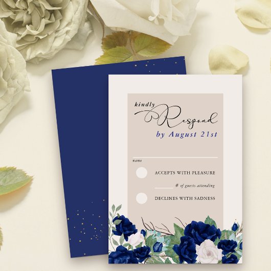 Royal Blue en Ivory Roos Elegant Bloemen RSVP Kaartje