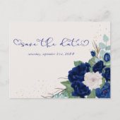 Royal Blue en Ivory Roos Floral Save the Date Aankondigingskaart (Voorkant)