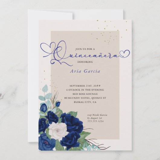 Royal Blue en Ivory Rozen Elegant Quinceanera Kaart (Voorkant)