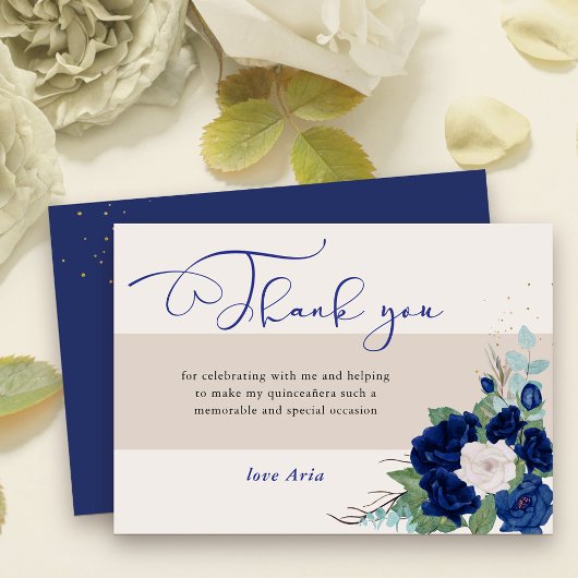 Royal Blue en Ivory Rozen Elegante kalligrafie Bedankkaart