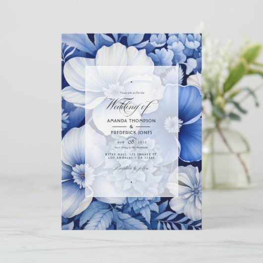 Royal Blue en lichtgrijs bloemenbruiloft Kaart (Staand voorkant)