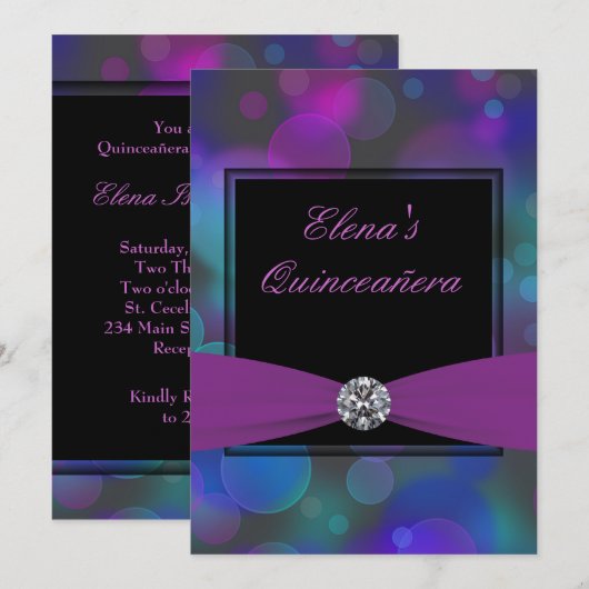 Royal Blue en Paarse Quinceanera Kaart (Voorkant / Achterkant)