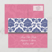 Royal Blue en PInk Damask Save The Date Aankondigingskaart (Voorkant / Achterkant)