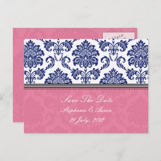 Royal Blue en PInk Damask Save The Date Aankondigingskaart (Voorkant / Achterkant)