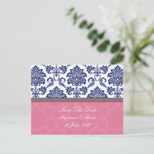 Royal Blue en PInk Damask Save The Date Aankondigingskaart (Staand voorkant)