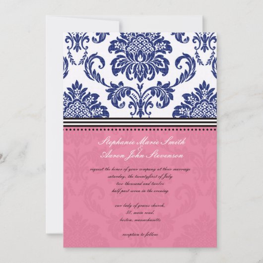 Royal Blue en Pink Damask Wedding Invitation Kaart (Voorkant)