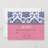 Royal Blue en Pink Damask Wedding RSVP Kaartje (Voorkant)