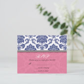 Royal Blue en Pink Damask Wedding RSVP Kaartje (Staand voorkant)