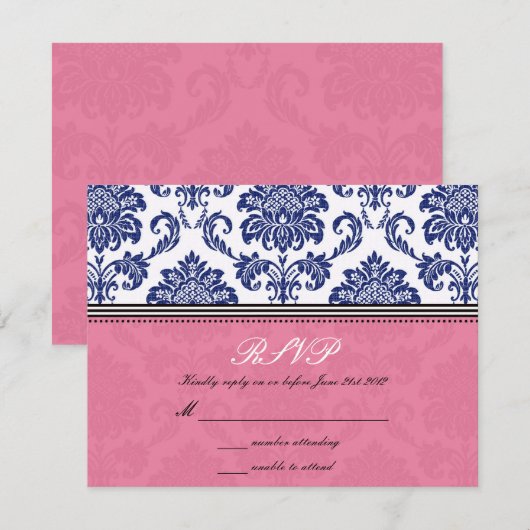 Royal Blue en Pink Damask Wedding RSVP Kaartje (Voorkant / Achterkant)