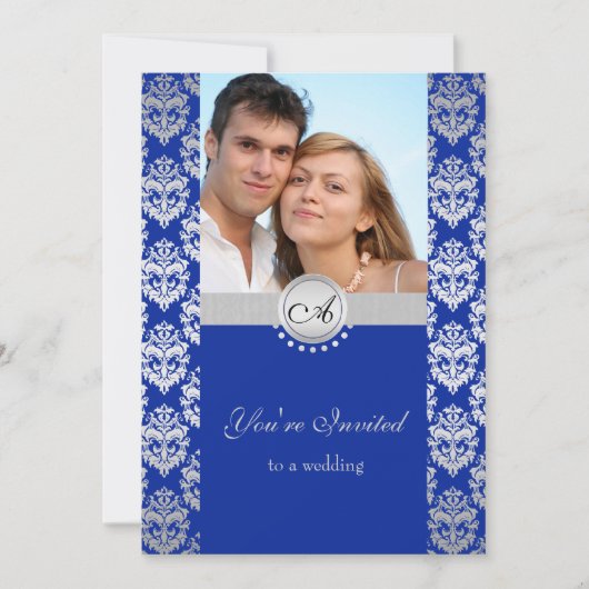 Royal Blue en Silver Damask Huwelijksuitnodigingen Kaart (Voorkant)