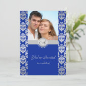 Royal Blue en Silver Damask Huwelijksuitnodigingen Kaart (Staand voorkant)