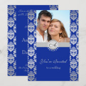 Royal Blue en Silver Damask Huwelijksuitnodigingen Kaart (Voorkant / Achterkant)