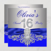 Royal Blue en Silver Diamond Sweet 16 Party Kaart (Voorkant / Achterkant)