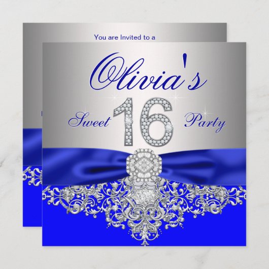 Royal Blue en Silver Diamond Sweet 16 Party Kaart (Voorkant / Achterkant)
