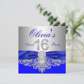 Royal Blue en Silver Diamond Sweet 16 Party Kaart (Staand voorkant)