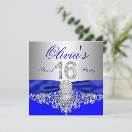 Royal Blue en Silver Diamond Sweet 16 Party Kaart (Staand voorkant)