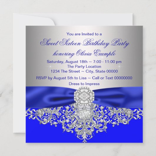 Royal Blue en Silver Diamond Sweet 16 Party Kaart (Achterkant)