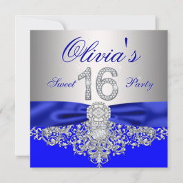 Royal Blue en Silver Diamond Sweet 16 Party Kaart