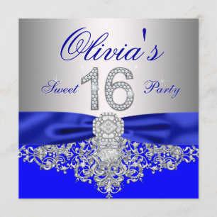 Royal Blue en Silver Diamond Sweet 16 Party Kaart