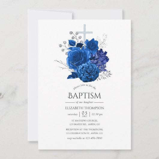 Royal Blue en Silver Floral Baptism Kaart (Voorkant)