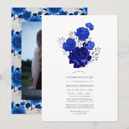 Royal Blue en Silver Floral Celebration of Life Kaart (Voorkant / Achterkant)