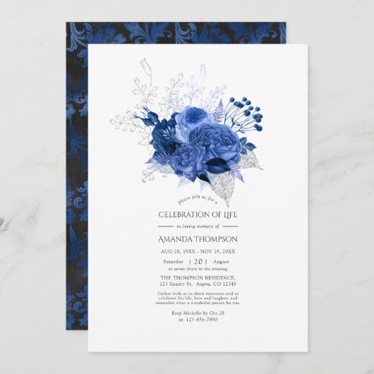 Royal Blue en Silver Floral Celebration of Life Kaart (Voorkant / Achterkant)