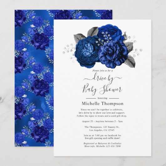 Royal Blue en Silver Floral Drive by Shower Kaart (Voorkant / Achterkant)
