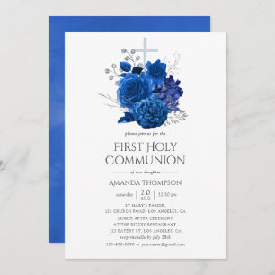 Royal Blue en Silver Floral First Heilige Communie Kaart