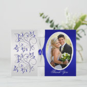 Royal Blue en Silver Floral Foto Hartelijk dank Bedankkaart (Staand voorkant)
