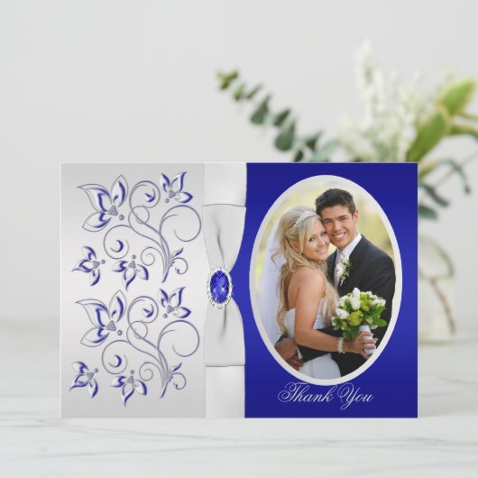 Royal Blue en Silver Floral Foto Hartelijk dank Bedankkaart (Staand voorkant)