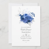 Royal Blue en Silver Floral QR Code RSVP Weddensch Kaart (Voorkant)