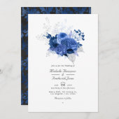 Royal Blue en Silver Floral QR Code RSVP Weddensch Kaart (Voorkant / Achterkant)