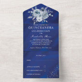 Royal Blue en Silver Floral Quinceañera All In One Uitnodiging (Binnen)