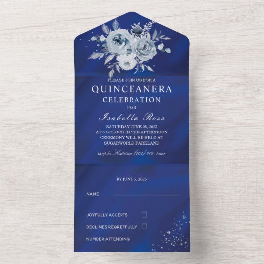 Royal Blue en Silver Floral Quinceañera All In One Uitnodiging (Binnen)