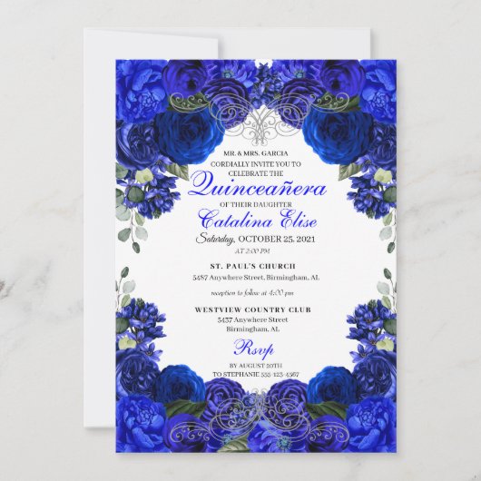 Royal Blue en Silver Floral Quinceanera Birthday Kaart (Voorkant)