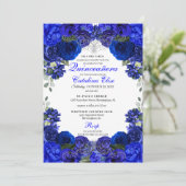 Royal Blue en Silver Floral Quinceanera Birthday Kaart (Staand voorkant)