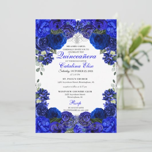 Royal Blue en Silver Floral Quinceanera Birthday Kaart (Staand voorkant)