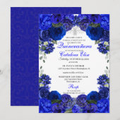 Royal Blue en Silver Floral Quinceanera Birthday Kaart (Voorkant / Achterkant)