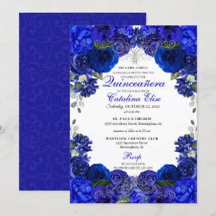 Royal Blue en Silver Floral Quinceanera Birthday Kaart