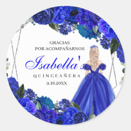 Royal Blue en Silver Floral Quinceanera Classic R Ronde Sticker