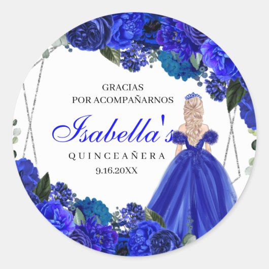 Royal Blue en Silver Floral Quinceanera Classic R Ronde Sticker (Voorkant)