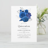 Royal Blue en Silver Floral Quinceañera Kaart (Staand voorkant)