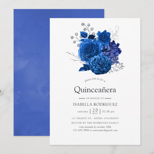 Royal Blue en Silver Floral Quinceañera Kaart (Voorkant / Achterkant)