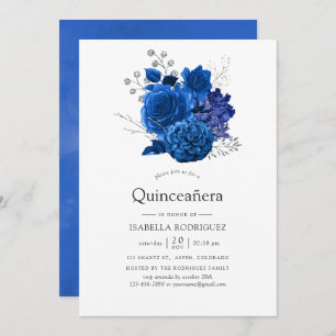Royal Blue en Silver Floral Quinceañera Kaart