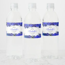 Royal Blue en Silver Floral Quinceanera Waterfles Etiket