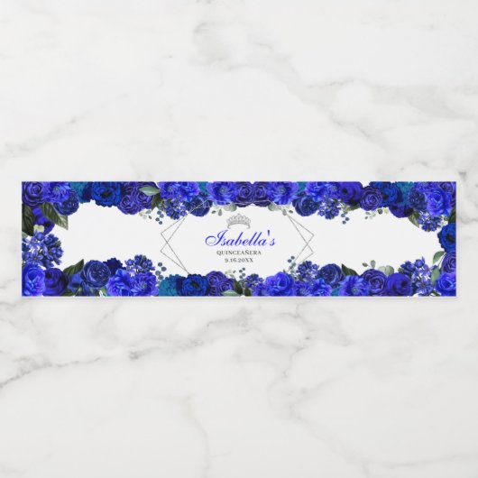 Royal Blue en Silver Floral Quinceanera Waterfles Etiket (Enkel label)