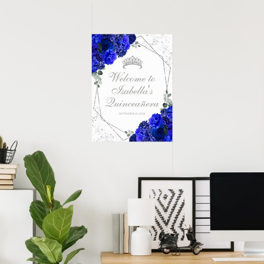 Royal Blue en Silver Floral Quinceanera Welcome P Poster (Thuiskantoor)