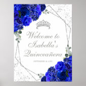 Royal Blue en Silver Floral Quinceanera Welcome P Poster (Voorkant)