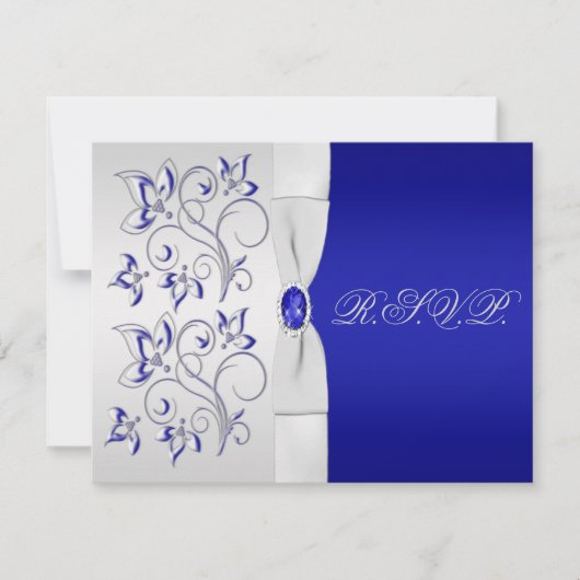 Royal Blue en Silver Floral Reply Card RSVP Kaartje (Voorkant)