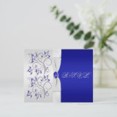 Royal Blue en Silver Floral Reply Card RSVP Kaartje (Staand voorkant)